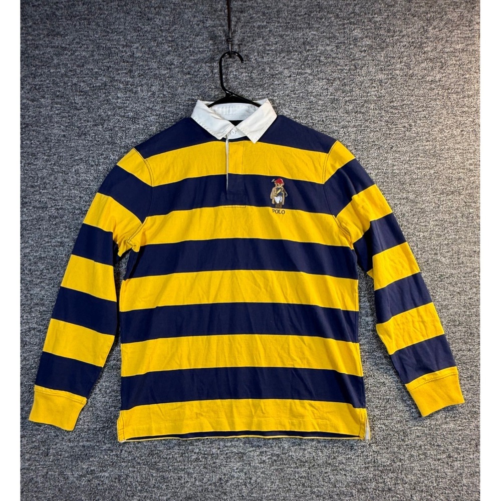 Polo Ralph Lauren Polo Bear Striped Rugby Shirt Mens Large Yellow Navy Blue